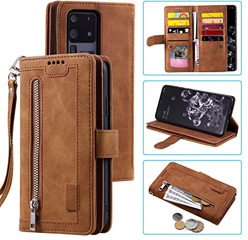 UEEBAI Custodia per Samsung Galaxy S21 Ultra 5G, Portafoglio in Pelle PU Retro Antiurto Flip Cover Antiurto con Slot per Schede Funzione Stand Chiusura Magnetica - Castano