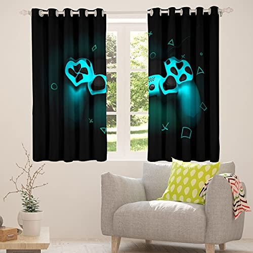 Homewish Jungen Gamepad Vorhänge Spieler Fenstervorhang für Kinder Videospiel Nicht Verdunkelungsvorhänge Schlafzimmer Blau Schwarz Klassische Arcade Retro Spielen Vorhang (2 Panel,55X102)