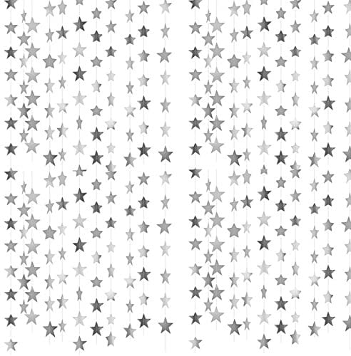52 Feet Reflective Star Paper Garland, Glitter Star Garland Banner Silver Hanging Decoration Party Garlands Streamer kit For Birthday Wedding Holiday Anniversary Party Supplies Banner Backdrop