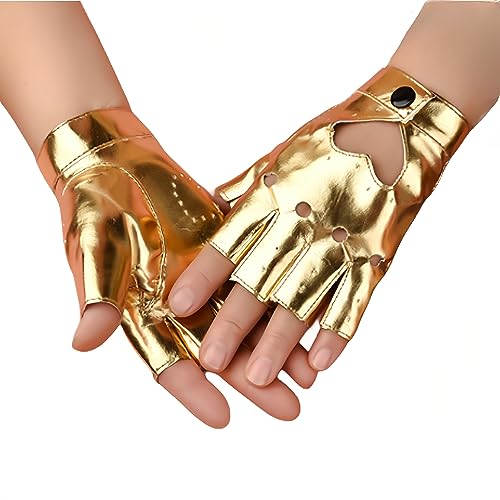 SamHeng fingerlose PU Lederhandschuhe für Frauen halbe Fingerhandschuhe kurze Leder Punk Handschuhe für Halloween Cosplay Kostüm Tanzparty Kostüme Accessoires, Gold