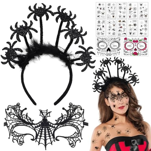 Halloween Lace Zubehör, Halloween Damen Lace Set, Fledermaus Haarreife Halloween Haarreif, Schwarze Spitze Maske mit Spinne Tattoo für Halloween Gothic Kostüm Maskerade Damen Kostüm Accessoire