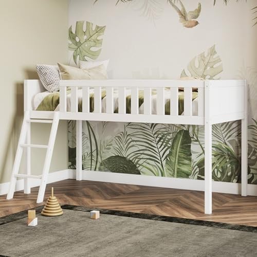 Flair Furnishings - Kids Mid Sleeper Bed with Storage Space, Cabin Bed, Heavy Duty and Sturdy, Cosy, Stylish, Space Saving Design (White)
