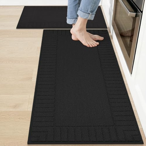 BEQHAUSE Küchen Teppiche, Waschbar, TPR rutschfest,50x76cm+50x122cm,Schwarz | Küchenteppich Läufer Geeignet für Küchen, Esszimmer, Leicht zu Reinigen, Polypropylen, Haustierfreundlich, Schmutzfangend