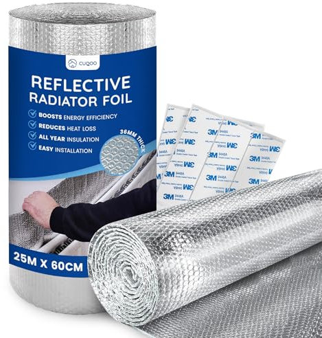CUQOO Radiator Reflector Foil 25m x 60cm - 3.6mm Thick Bubble Wrap Insulation, Energy-Saving Heat Deflector Panels, Reflective Foil Roll for Radiator Efficiency