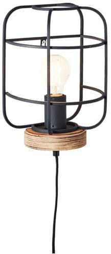 Lightbox Vintage Wandlampe - 29 x 19 x 14 cm - antike Wandleuchte mit Gitter Schirm & Basis aus Holz & Schalter - E27, max. 52 W - aus Metall/Holz - in Braun/Schwarz Korund