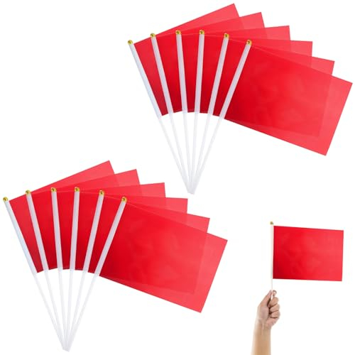 Mini Drapeaux,Petit Drapeau,Drapeau à Manivelle,Drapeaux avec Poteau,Couleur Unie Drapeaux pour célébrer la Coupe du monde,Fête Festival Celebration,Decoration Ecole Jardin,12pc(Rouge)