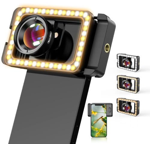 APEXEL Makro-Objektiv für Handy, 3-in-1 Handy-Kamera-Makro-Objektiv mit LED-Fülllicht + 17-mm-Gewinde-Objektivadapter für iPhone, Samsung, Huawei