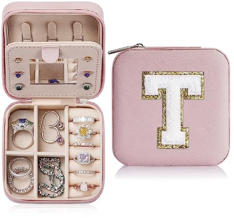 TINGN Reise Schmuckkästchen Damen, Reise Schmuckkästchen Mädchen | Reise Geschenke für Mutter Mutter von Töchter | Kleine Schmuckschatulle Reiseutensilien | Reise Schmuck Organizer Buchstaben T Rosa