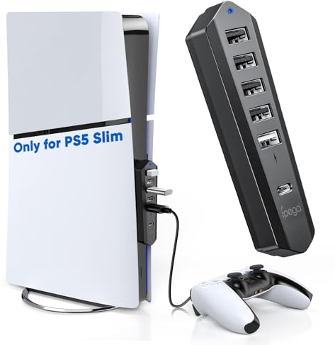 Auarte USB Hub für Playstation 5 Pro/Slim Console, 1 Typ C 3.1 Anschluss, 4 USB 2.0 Anschlüsse, 1 USB Ladeanschluss Kompatibel PS5 Pro/Slim Zubehör