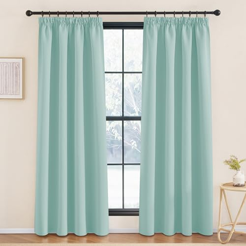 KGORGE Wohnzimmer Gardinen mit Kräuselband 2er Set 220 x 140 cm(HxB) Verdunklungsvorhänge Grün Thermovorhang Hitzeschutz Übergardinen für Schienen Thermo, Hellgrün