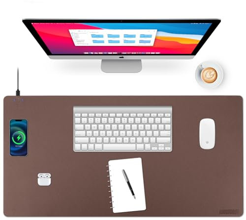 Wireless Charging Desk Mat with Desk Pad for Desktop Charging Large Mouse Pad Waterproof Leather Computer Mat Mouse Pad Non-Slip Protector on Top of Desks for Keyboard and Mouse (brown-l, 36*17inch)
