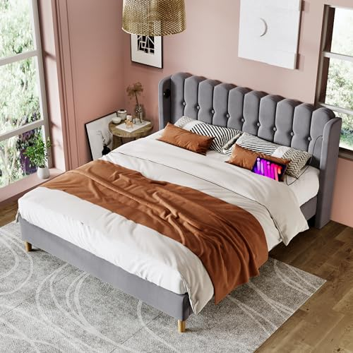 HESHU Polsterbett Doppelbett 180x200 cm, Kopfteil mit USB Typ C, Bettgestell mit Lattenrost, Jugendbett Erwachsenenbett, Leinen, Grau, ohne Matratze
