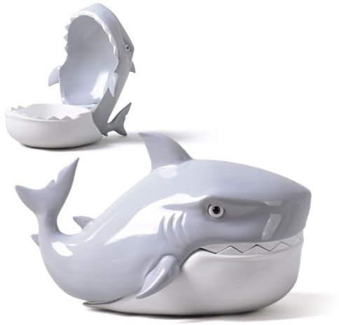 HAUCOZE Plato de Caramelos Dulces Tarro de Galletas Tiburón Figura Decorativa Modern Escultura Arte Animal Regalo Interior Estatua Resina Azul 26cm