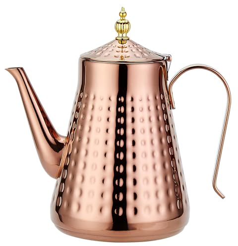 SANQIAHOME Stainless Steel Teapot 1.8L(60oz) 6-8 Cups,with Removeable Infuser,Good Pour,Hammer Patterned, Brew Loose Leaf Tea Bag,Copper