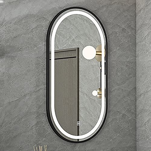 Badezimmerspiegel, Wall Mirror for Bathroom, Oval Vanity Mirror with Lights Brightness Adjustment Waterproof Illuminated Wall Makeup Mirrors with Touch Switch, Metal Frame, for Bathroom, Entryway, L