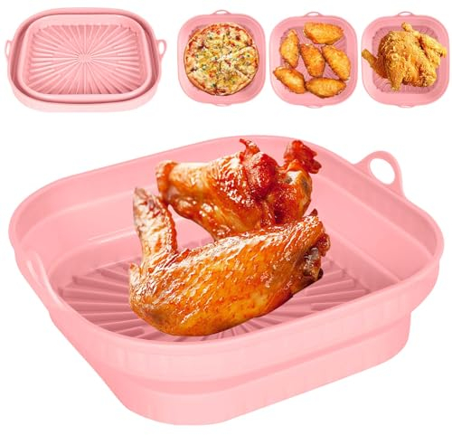Foldable Air Fryer Liners, Easy to Clean Air Fryers Silicone Pot, 8 Inch Reusable Silicone Air Fryer Basket for Microwave, Oven(pink)