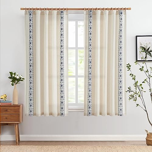 Vangao Leinen Gardinen Vorhänge Stickerei, Vorhang Wohnzimmer Gardine mit Verdeckten Schlaufen Küche Vorhang Boho Vintage Blumen Bauernhaus Schlafzimmer Lichtfilterung 2er Set Blau 140B x 175H(cm)
