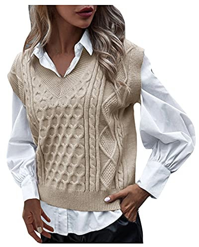 BOTCAM Gilet en tricot avec col en V pour femme - Sans manches - Coupe-vent universitaire, A-a-kaki, S