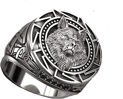 Ring für Männer, Retro-Wolf-Totem-Ringe, Wolf-Siegelringe, Amulett-Ring, Tier-Wolf-Schmuck für Männer und Jungen, 12