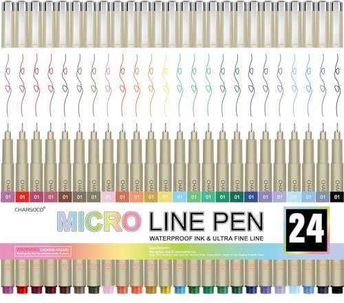 CHARSOCO 01 Micro Pen, Feinstift mit 24 Farben, wasserfeste Archiv-Tinte, 0,25 mm Fineliner-Tintenstifte für Künstlerillustrationen, Skizzieren, Anime, Manga, technische Zeichnungen und Scrapbooking.