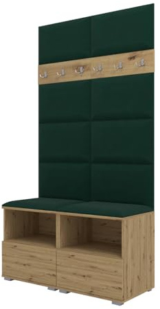 RAVIO Garderoben-Set NELA III mit Gepolstertes Paneel/Wandpaneel, Wand-Garderobe mit Zwei Schuhschränke, 100cm Flurgarderobe, Kompaktgarderobe (Artisan Eiche + Flaschengrün (Trinity 28))