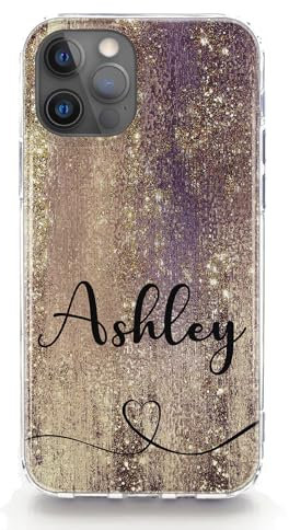 Personalised Initial Phone Case For Apple iPhones, 16, 15, 14, 13, 12, 11 Pro Max, Mini, Plus, Samsung, S24, S25 Gel Case Compatible with MagSafe, Black Heart Name on Brown Gold Glitter Print Marble