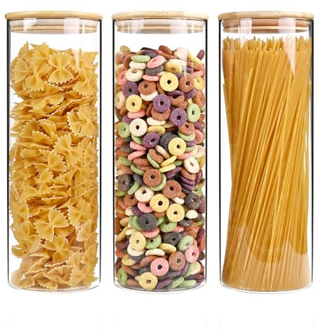 73oz Glass Pasta Storage Jars, Tall Glass Jars with Bamboo Lids, Spaghetti Container, Set of 3, Kitchen Storage Containers for Pasta, Pantry Organizers