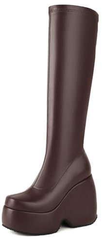 Donna Zeppa Stivali Alti con Plateau Tacco Alto Stivali Punta Rotonda Senza Chiusura Stivali Elasticoizzati, B89515Ri Marrone Numero 35 EU