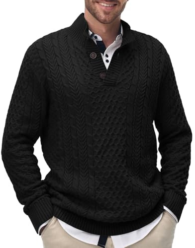 Comilaka Jersey Hombre Invierno Suéter Cuello Alto con Botones Suéteres de Punto Algodón Jersey de Canalé