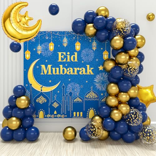 Blau Gold Eid Mubarak Ballon Girlande Set, 74pcs Ramadan Mubarak Party Dekoration mit Eid Mubarak Banner Mond Stern Folienballon, Umrah Mubarak Luftballon Girlande für Muslim Eid Mubarak Feier Deko