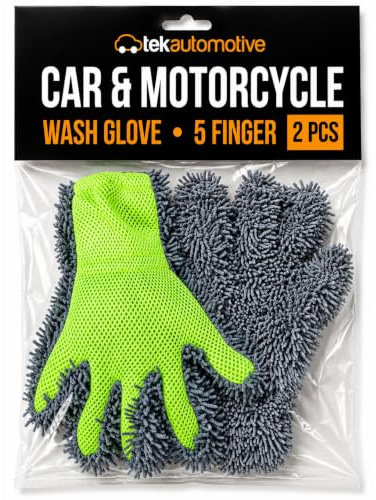 Tek Automotive Car Wash Glove Motorcycle Cleaning Glove 5 Finger Twin Pack | Microfibre Car Cleaning Mitts, 2in1 with Soft Microfibre & Scrubbing Mesh, Safe on Wheels & Bodywork, Machine Washable