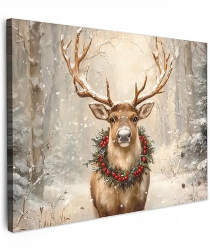 MuchoWow© Weihnachtsdeko Leinwandbild Dekoration Wohnzimmer Bilder Pictures | 70x50 cm - Weihnachtsgeschenke Decoration Living Room Deko Moderne Bild Geschenke Weihnachten - Rentier - Winter - Beige