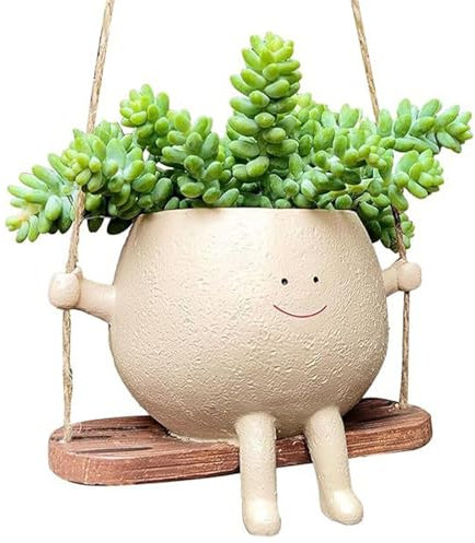 Fine jade2 Blumentopf Hängend mit Schaukel Gesicht Hängende Blumentöpfe mit Schaukel Gesicht Harz Pflanzgefäße Niedlicher Blumentopf Mit Lächeln-Gesicht Und Schaukel
