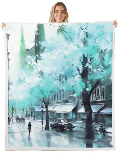 Loussiesd Coperta in pile con fiori di ciliegio verdi, 101 x 127 cm, coperta in pile sherpa con fiori floreali per bambini, donne, uomini, romantico, moderno, paesaggio urbano, per letto, divano,
