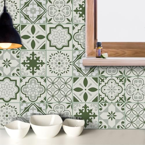 Mosaikfliesen 10x10 cm Grün Beige Mandala Fliesenaufkleber Bad Küche Wasserdicht Küchenrückwand Selbstklebend Möbeldekoration Fliesenfolie für Schrank Tisch Klebefliesen (10 Stück)