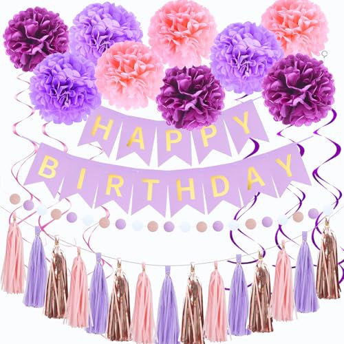 Set de décoration d'anniversaire violet et rose, set de décoration d'anniversaire avec guirlande « Happy Birthday », pompons décoratifs, guirlande à pompons, guirlandes à pois et serpentins