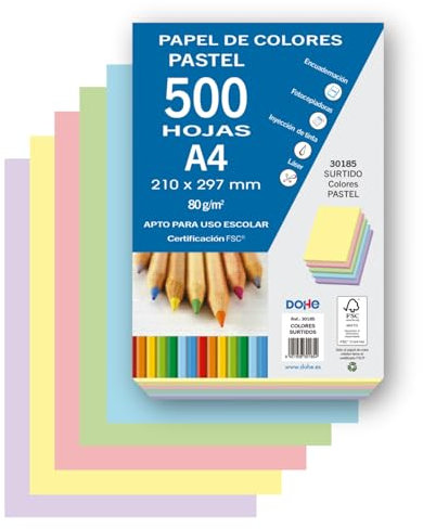 Dohe - Feuilles Couleur Pastel (500 u.) - 5 Couleurs Assorties, Feuilles A4 (21x29,7 cm), Épaisseur 80 g/m², Feuilles pour Impression, Dessin, Loisirs Créatifs, Décoration, Reliure