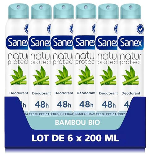 Sanex, Déodorant Spray Natur Protect, Bambou Bio Fresh, 6 x 200 ml | Déodorant spray, Sensation fraîcheur immédiate et protection anti-odeurs 48h, Au bambou naturel et formule sans alcool*
