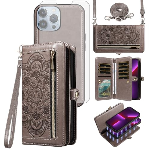 Asuwish Phone Case for iPhone 13 Pro Max 2021 6.7 inch Zipper Wallet Cell Cover with Screen Protector Crossbody Strap Flower Card Holder iPhone13promax 5G i Phone13Max Plus iPhone13 ProMax Women Grey