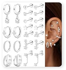 Dochais 11 Paar Hypoallergene Ohrringe Damen 14K Vergoldet Flatback Ohrstecker Set Creolen Huggie Klein Chirurgenstahl Ohrringe Set CZ Knorpel Conch Tragus Helix Piercing Ohr für Damen Silber