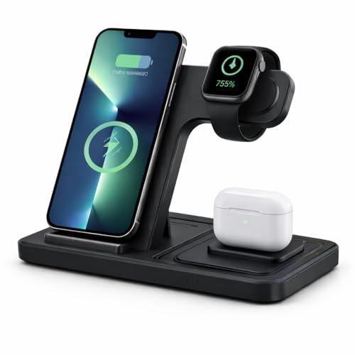 Caricatore Wireless 3 in 1, Stazione di Ricarica Rapida per Smartphone, Smartwatch e Auricolari Wireless, Base Multipla Compatibile con iPhone 12/13/14/15/16/17 e Dispositivi Qi (Nero)