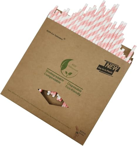 Biodegradable Papel Pajitas Rosa a Rayas, 100 Unidades Rosa y Bianche Pajita de Cartón Desechables para Fiestas de Bebidas, Cócteles, Café y Celebraciones,