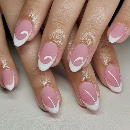 24Pcs French Tip Press On Nails - Nude Pink Almond False Nails with White Tip Design - Full Cover Glossy Stick On Fake Nails for Women Girls Natural Elegant Manicure