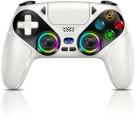 Gamrombo RGB Wireless Controller für PS5/PC/iOS/Android | Bluetooth, Back Paddles, Touchpad, Makro, Turbo, Dual Vibration, 6-Axis Sensor, 3,5mm Audio Jack, Lautsprecher - Weiß