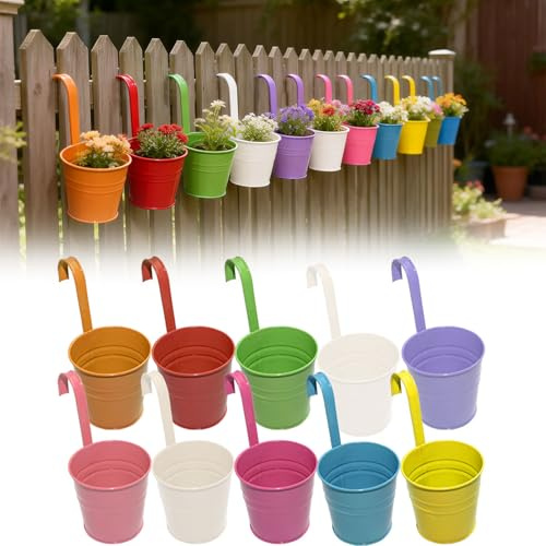 Armo® 10 x Hanging Flower Plant Pots Large Metal Flower Pot With Vase Fence Hanging Garden Planter With Drainage Hole