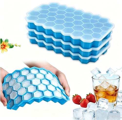 Ice Cube Tray with Lid, Easy Release,Mini Silicone Moulds, 3 Packs 37 Ice Trays, LFGB and BPA Free (Blue 3 Packs)