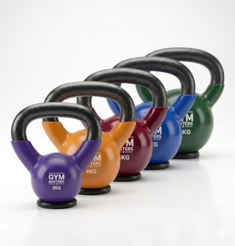 Gym Masters Kettlebell Set Vinyl 2–10 kg – Premium Design Farben – Fitness Set für Zuhause – mit Gummiboden & rutschfestem Griff