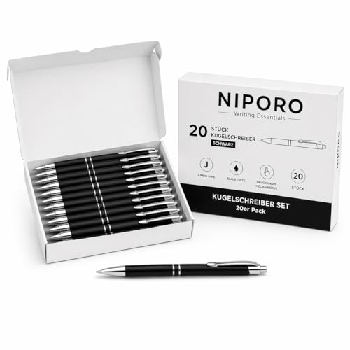 NIPORO Metall Kugelschreiber 20er Pack aus Aluminium, blaue Tinte, Druckkugelschreiber mit Jumbo-Mine, elegante Schreibstifte für Büro, Schule, Meetings, Empfang & Homeoffice (25, Schwarz)