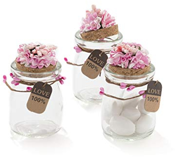 20 Pezzi Barattolo Vetro Con Tappo In Sughero Porta confetti Bomboniera Incluso Decorazione Fatto A Mano Fiore pistilli Etichetta Tema Naturale (ROSA)