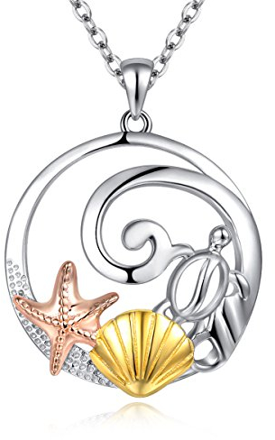 Halskette mit Anhänger, Meeresschildkröte, Seestern, goldene Muschel, 925er Sterlingsilber, 40,6 - 43,2 - 45,7 cm